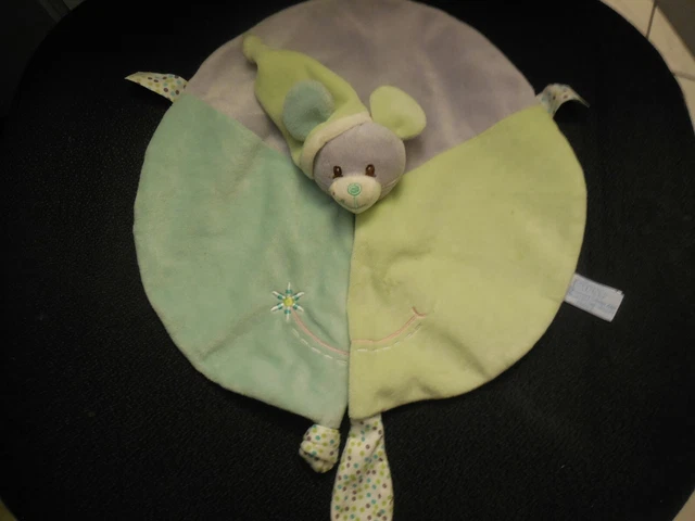 Doudou plat rond souris vert bleu gris fleur GIPSY