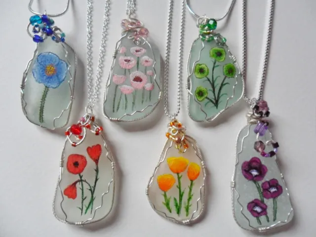 Hand painted POPPY sea glass necklaces, Swarovski/Miyuki beads silver plated