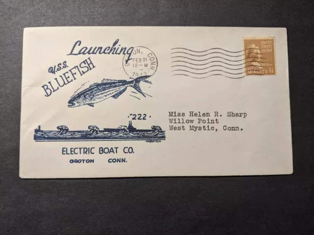 Submarine USS BLUEFISH SS-222 Naval Cover 1943 WWII HEBDITCH Launch Cachet