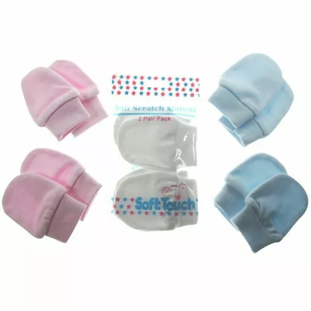 Newborn Baby Anti Scratch Mittens, Blue, Pink, White, 100% Cotton, 2 Pair Pack