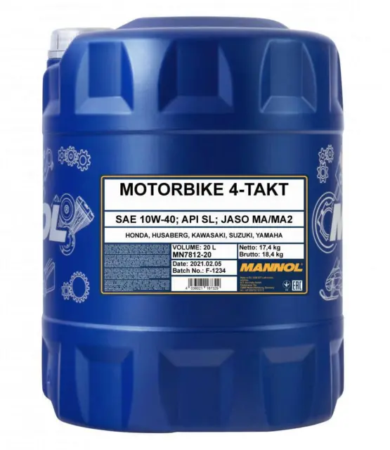 20L Mannol 4-Takt Motoröl Motorbike Motorrad Öl 10W-40 API SL + Auslaufhahn