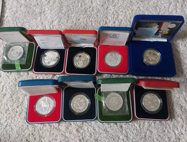 Silver proof Crown coins Job Lot X9 Coins 0.925 Sterling Silver 254.5g