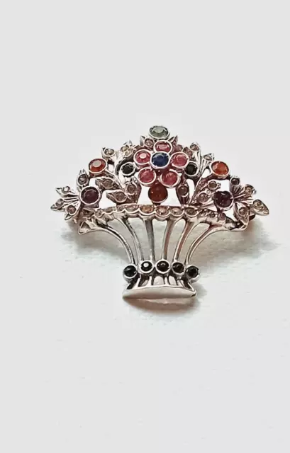 Brosche Silber Echtschmuck 835 Vintage Multicolor Handarbeit  "Blumenkorb"