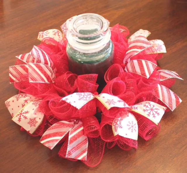 14" Snowflakes Centerpiece Red & White wreath, Candle Ring ~ Deco Mesh w/Ribbons