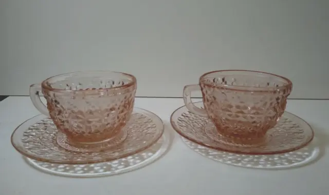 (2 SETS) Jeanette Holiday Pink BUTTONS & BOWS  CUPS & SAUCERS Depression Glass