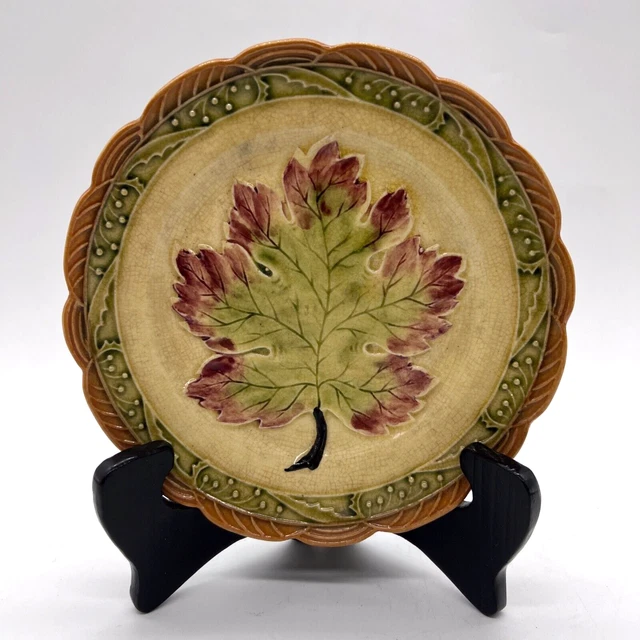 Antique Japanese Majolica Maple Leaf 6.5" Scalloped Dessert Plate Made in Japan