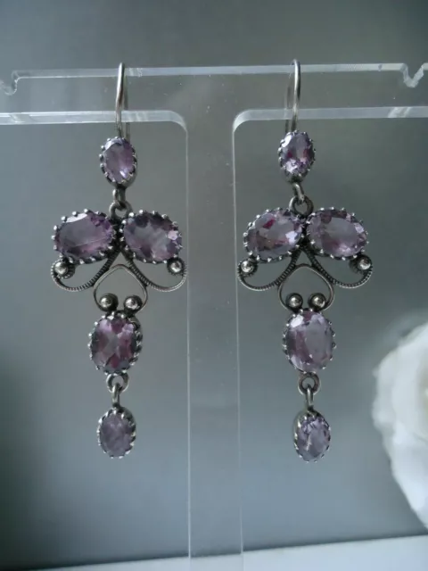 Antique Victorian Art Deco Silver Pale Amethyst Ornate 2.5" Dangle Hook Earrings