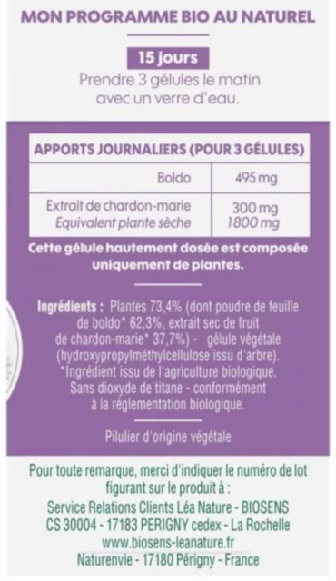 Biosens Détox foie BIO Boldo Chardon marie 45 gelules 3