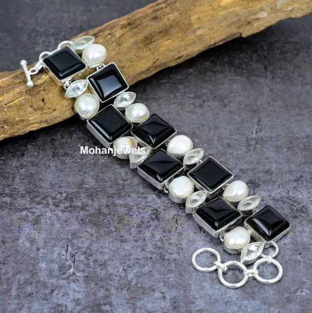 Black Onyx, Pearl & White Topaz Gemstone Silver Handmade Jewelry Bracelet 7-8"