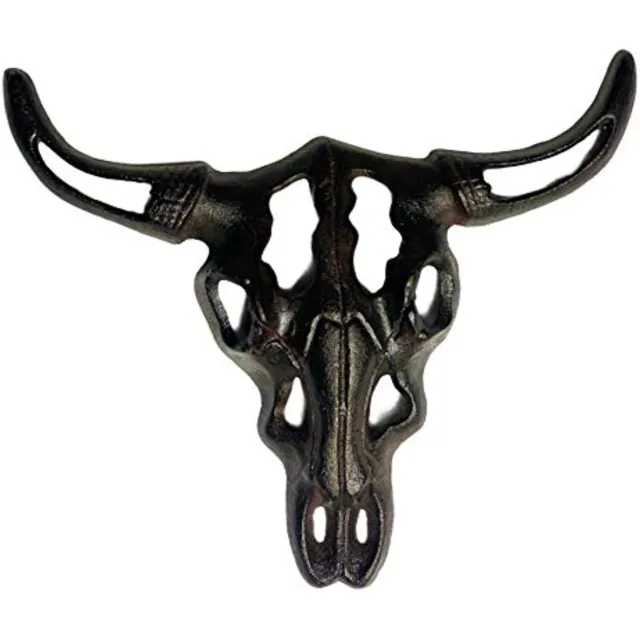 Urbalabs Cast Iron Ox Cow Longhorn Skull and Horns Wall Sculpture Faux Taxidermy
