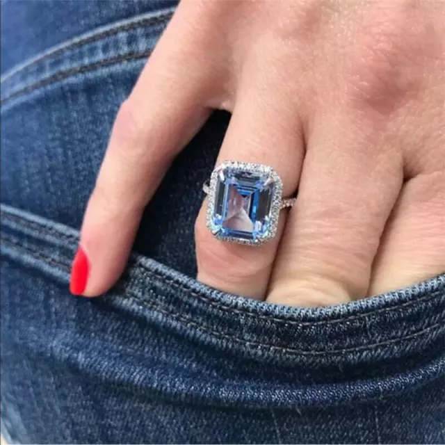 4,10 Kt Smaragd Blau Aquamarin Diamant Braut Halo Verlobungsring Weißgold-Finish