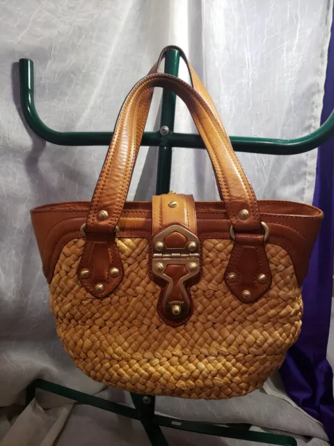 Michael Kors Mk Basket Weave Straw Handbag Tote Tan Light Brown Leather Trim Vgc