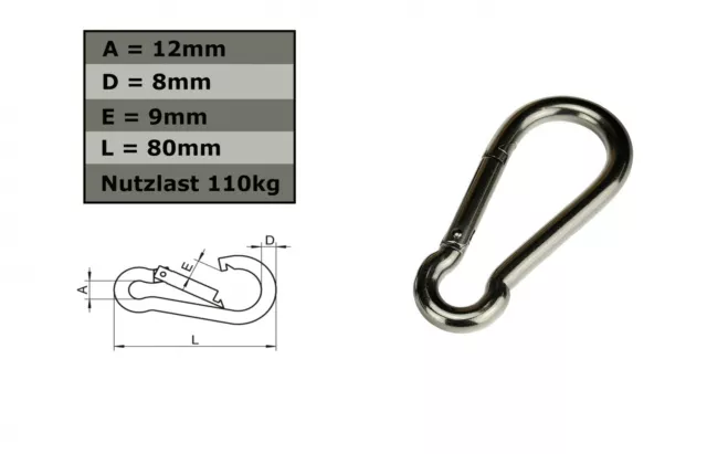 Mousqueton Inoxydable 8mm x 80mm V4A Crochets Oeillet Câble de Traction Niro