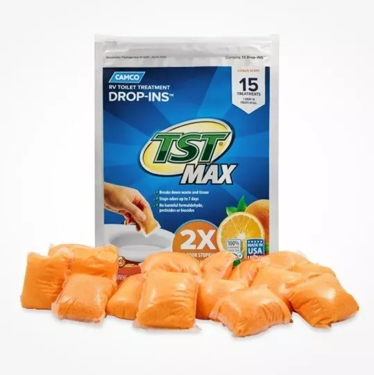 Camco TST Max Ultra-Concentrated RV Toilet Treatment Drop-Ins, Citrus Scent 15pc