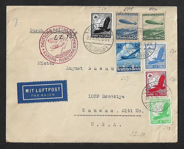 Zeppelin Germany To Us Air Mail Multifranked Cover 1936