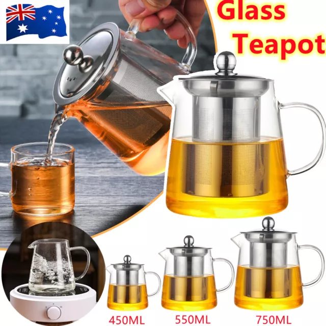Heat Resistant Clear Glass Teapot Jug With Infuser Coffee Tea Leaf Herbal Pot