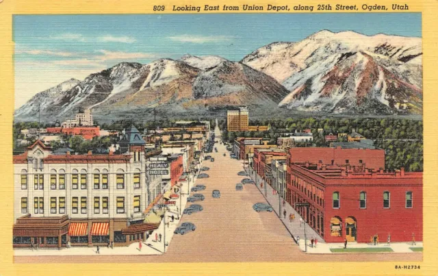 25th St. Looking East From Union Depot Street Scene Ogden,UT Vtg 1940's Postcard