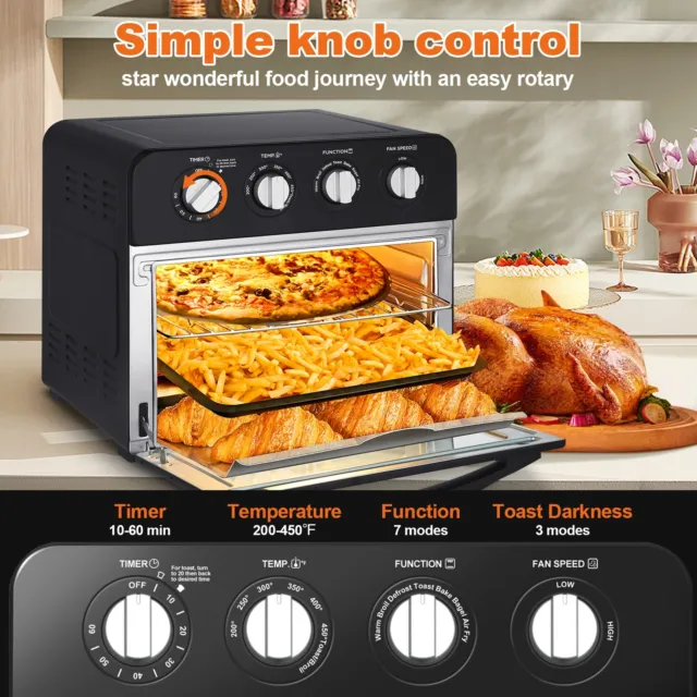 Black Air Fryer Toaster Oven,24QT Convection Oven with Glass Door,4 Knobs,1700W