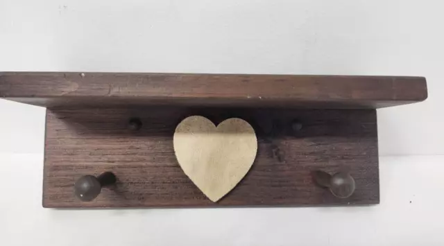 Vintage Heart Wood Purse Coat Wall Hanger Two Hook Shelf Country Rustic Hanging