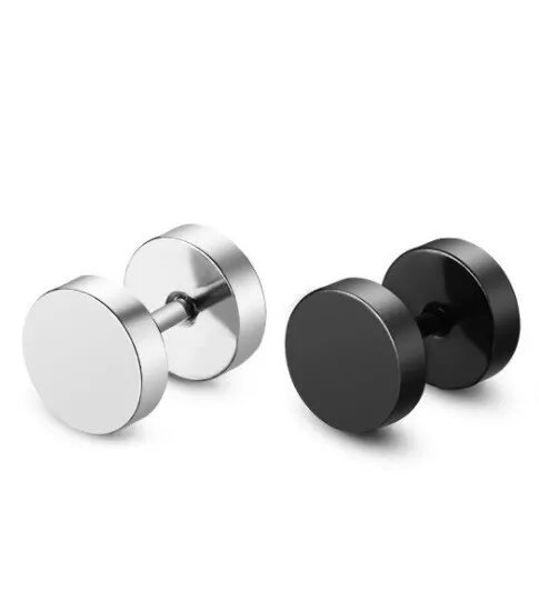 2Pcs Black Silver Men's Barbell Punk Crystal Stainless Steel Ear Studs Earrings