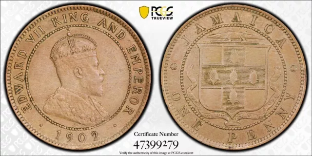 1902 Jamaica 1 Penny King Edward VII Colonial Coin PCGS About UNC Details