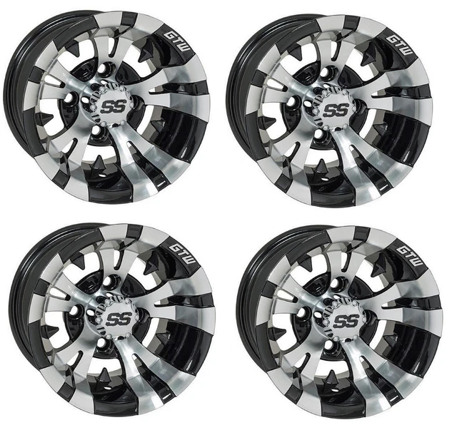 Golf Cart GTW 12x7 Machined Black Vampire Wheels Set of 4 3:4 Offset 4/4