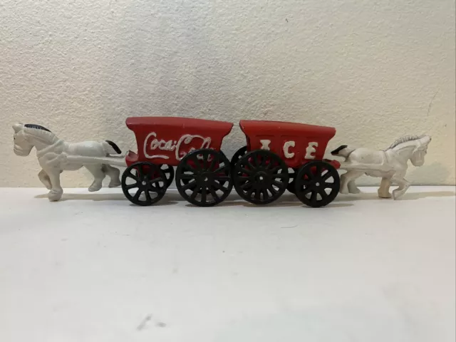Pair Of Antique Cast Iron Coca-Cola Coke ICE  Horse Drawn Covered Wagon Carriage