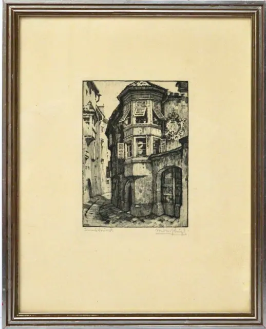 Original Radierung handsigniert Österreich Innsbruck 1920 Gasse Haus 23 x 19 cm