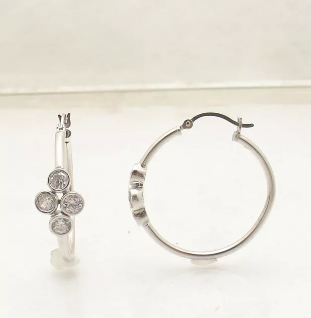 1" Bezel Set Diamonique CZ  Hoop  Earrings AntiTarnish Real 925 Sterling Silver