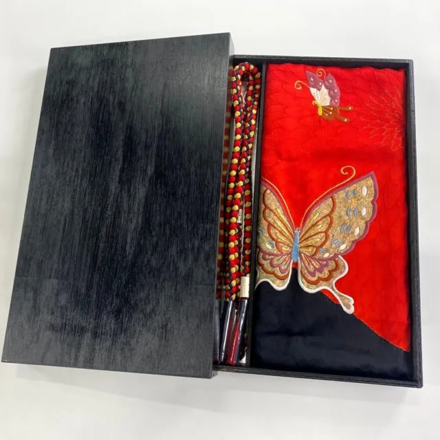 Japanese kimono,a set of Obi-Age, Obi-Jime, Silk, Embroidery,Black/RED..3529, FS