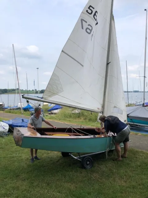 GP 14 wooden sailing dinghy around 40 years old with two sets of sails