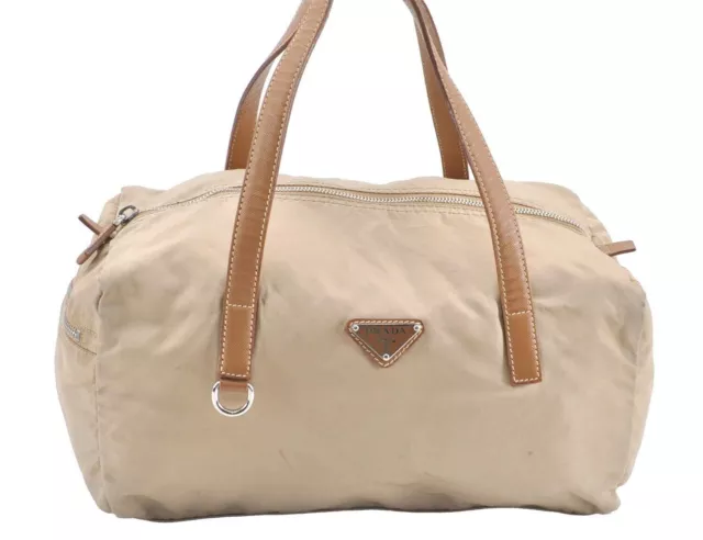 Authentic PRADA Nylon Tessuto Saffiano Leather Hand Boston Bag Purse Beige