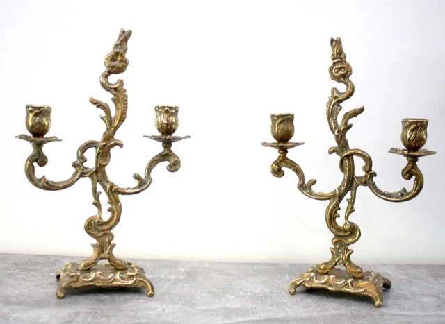 French Pair Gilt Bronze Candelabras Candlesticks Louis Xv Rococco