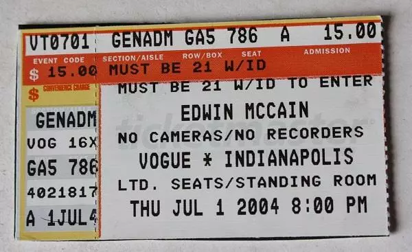 Edwin McCain 2004 Concert Ticket Stub The Vogue Indianapolis Indiana ---