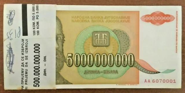 YUGOSLAVIA 5000000000 BILLION DINARA P-135 1993 X 100 Pcs Lot SERBIA UNC BUNDLE