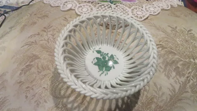 Herend Green Chinese Bouquet  Pattern Hand painted Porcelain Basket 2