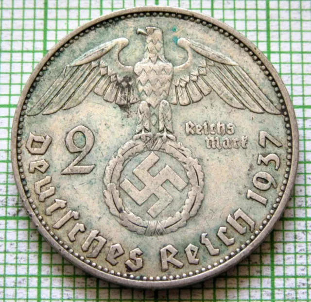 Germany Third Reich 1937 A 2 Reichsmark Hindenburg Swastika 0.625 Silver