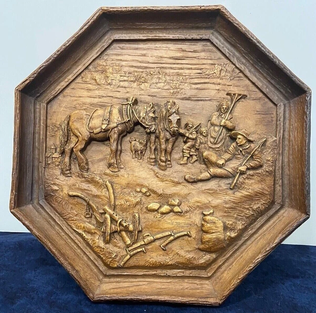 BEAUTIFUL Faux? Wooden Delicately Carved? Octagonal 9” Farm Plate Wall Hanging