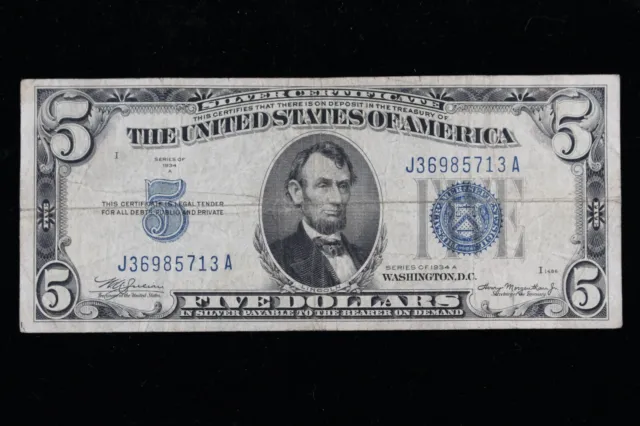 $5 1934A blue seal Silver Certificate Circulated J36985713A Exact Note Shown