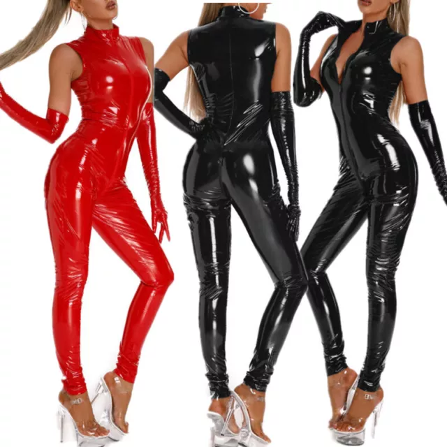 Women's PVC Leather Shiny Full Bodysuit Zipper Front Jumpsuits Catsuit Clubwear