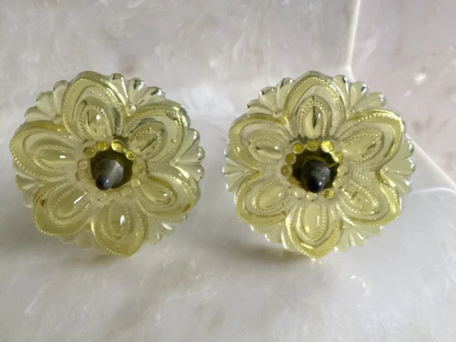 Antique Victorian 2 Pc Bright Yellow Sandwich Glass Curtain Tie Backs & Hardware 2