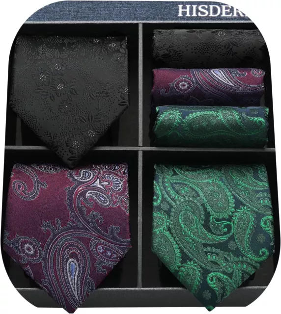 HISDERN Mens Ties Set Collection Tie and Pocket Square Lot 3 Pcs Formal Business