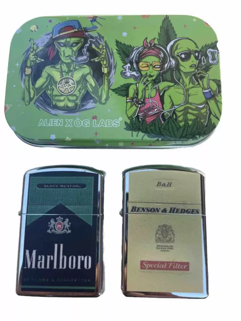 2 PCs Windproof Oil Lighters Marlbaro Black Menthol Benson & Hedges Stash Tin