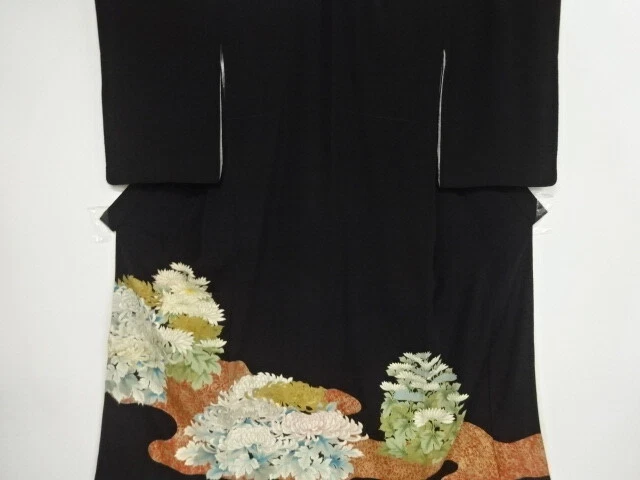 11079# Japanese Kimono / Antique Tomesode / Kinsai / Embroidery / Kiku