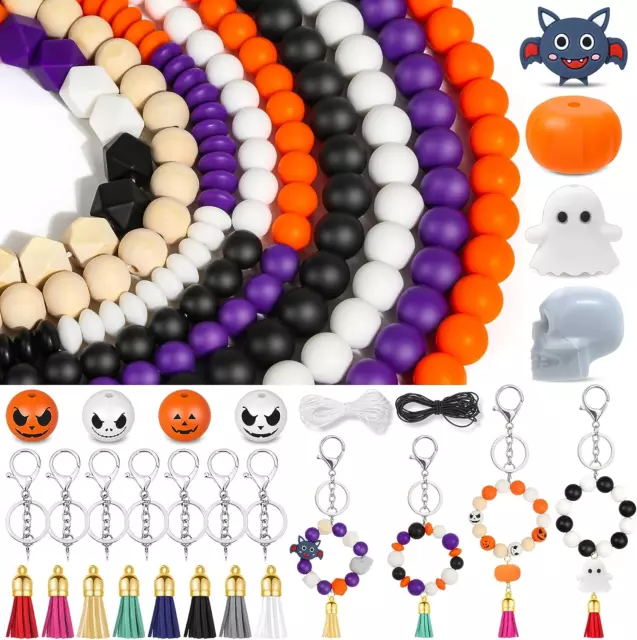 221PCS Halloween Silicone Beads for Keychain Making, Silicone Focal Bead Bulk wi