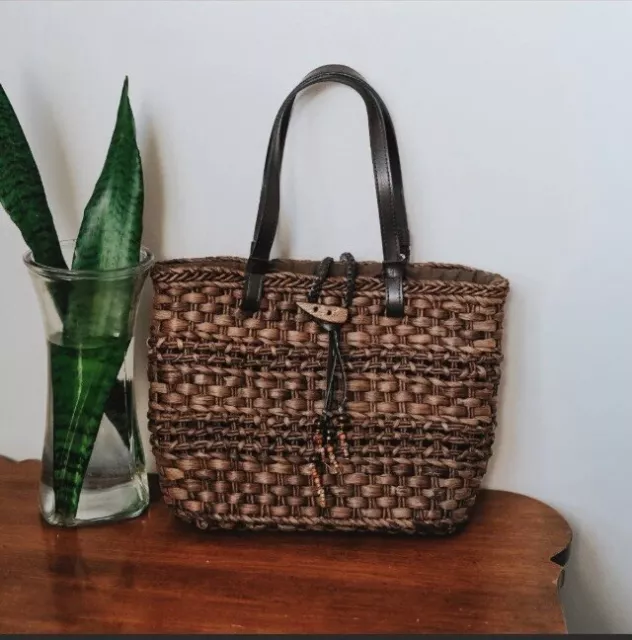 Woven Corn Husk Vintage Handbag Tote Beach Bag Shopper Boho Basket Weave Purse