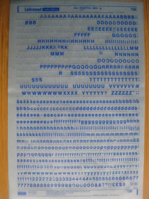 1 x Letraset Upp/Low/Num HELVETICA MEDIUM (BLUE) 24pt  6.5mm  Sheet 726  c(bb)