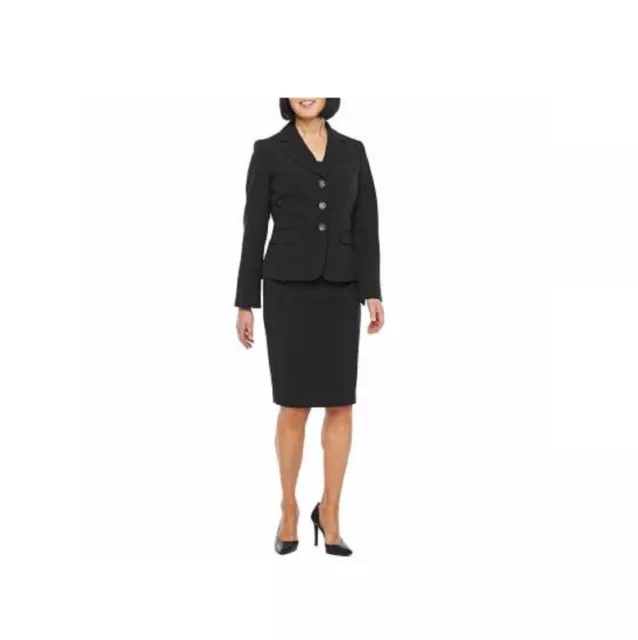 Le Suit Women's Notch-Collar Three-Button Skirt Suit, Size: 6, Black - 100% 2