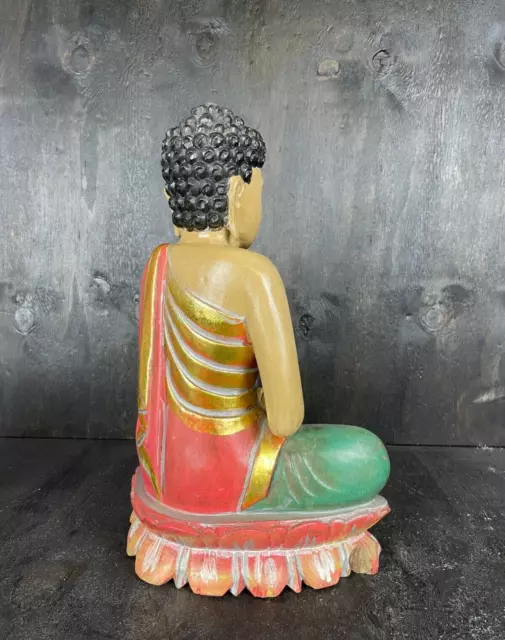 geschnitzter Buddha Skulptur Hartholz handbemalt Rest vergoldet China 20 th. 3