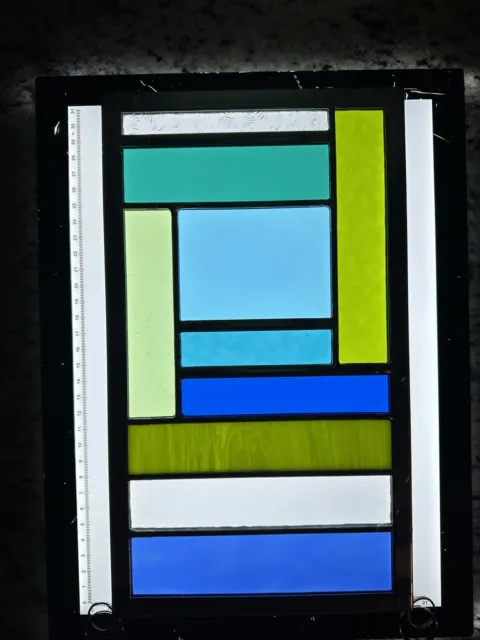 Modern Art Deco Stained Glass Leaded Panel Blue And Green